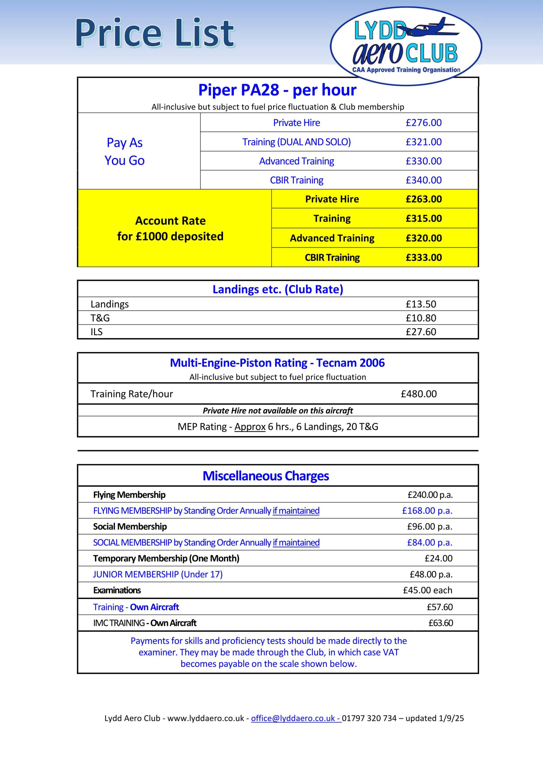 Price List updated 1-9-2025